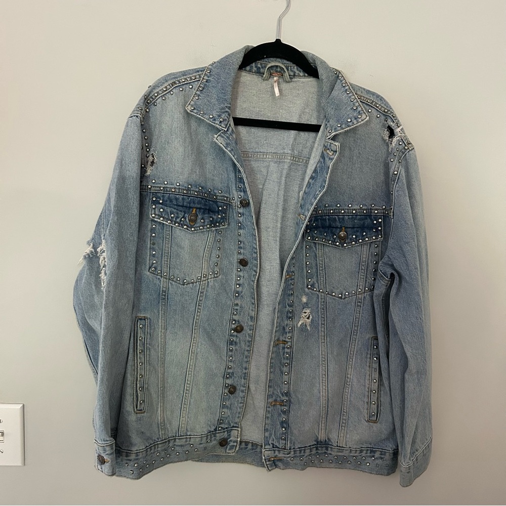Free People Distressed Denim Silver Studded Jean Jacket